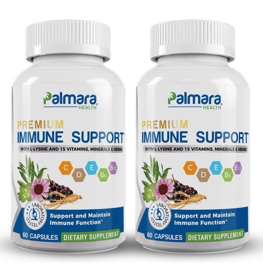 Palmara Health Premium Immune Support bottle front view highlights vegan, gluten-free formula.