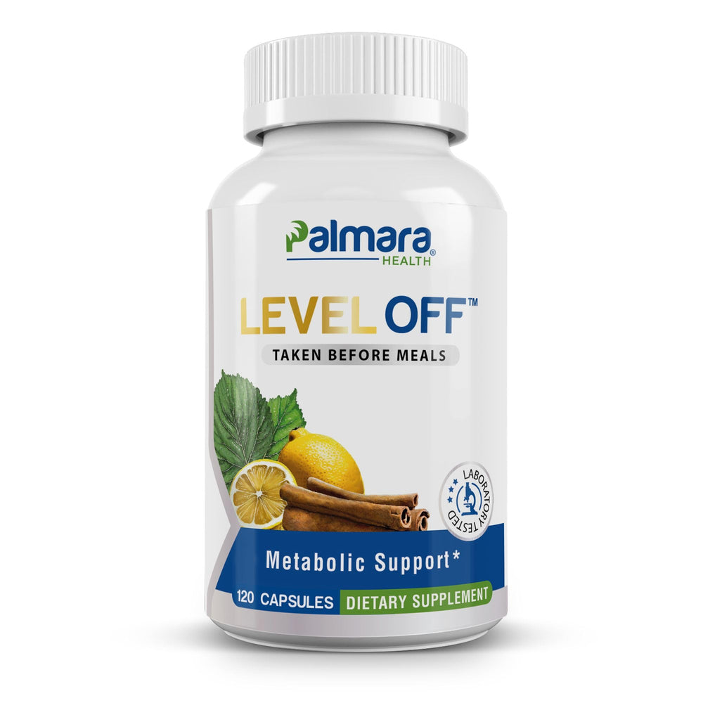 Palmara Health Level Off bottle front view showing glucose support capsules.