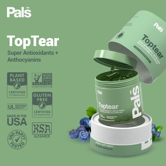 PALS bilberry extract capsules closeup highlighting antioxidant support for eyes.