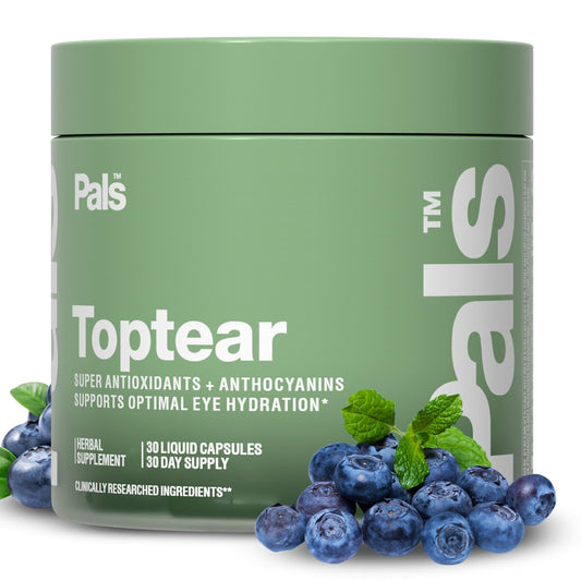 PALS dry eye relief bottle with daily eye vitamin capsules for comfort.