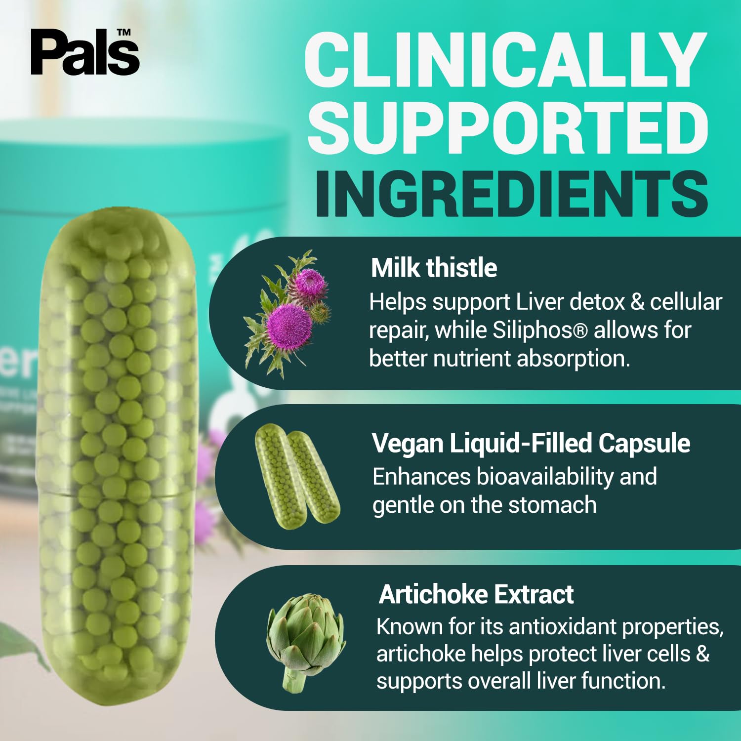 PALS Liverpal label featuring milk thistle for antioxidant-rich liver care.