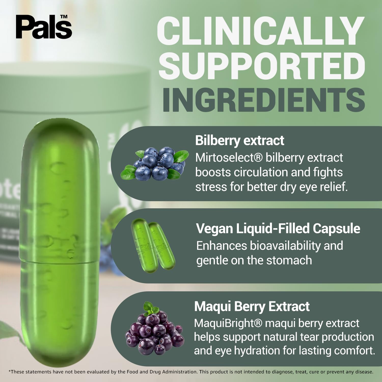 PALS vegan non-GMO eye supplement pack emphasizes clean ingredients.