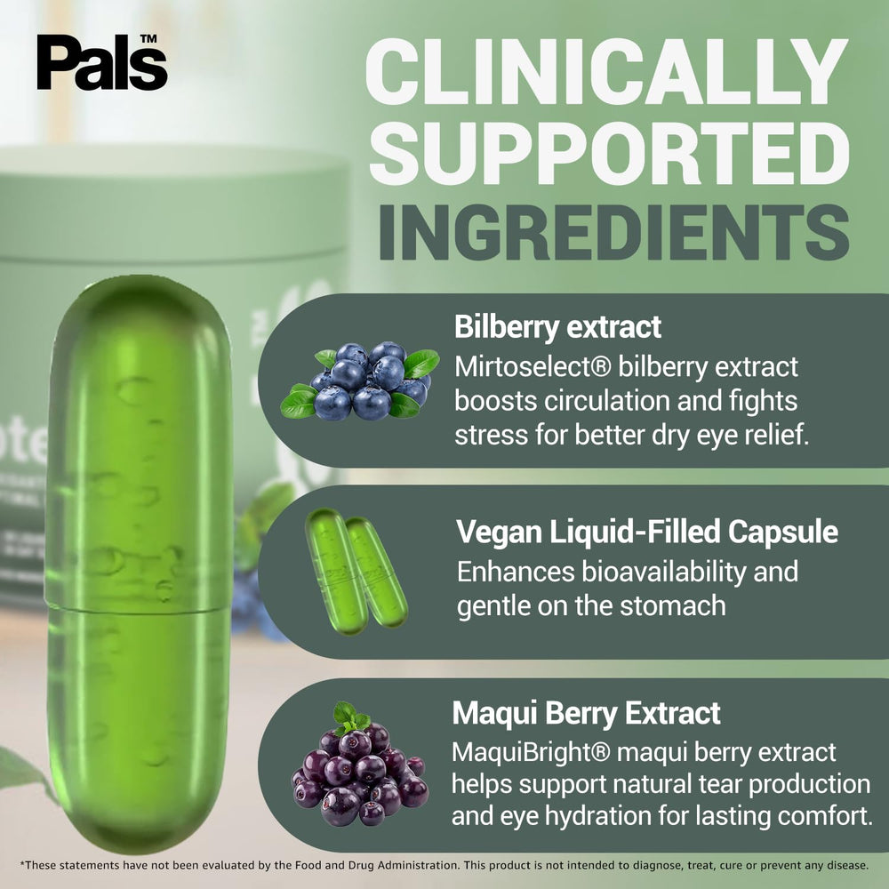 PALS vegan non-GMO eye supplement pack emphasizes clean ingredients.