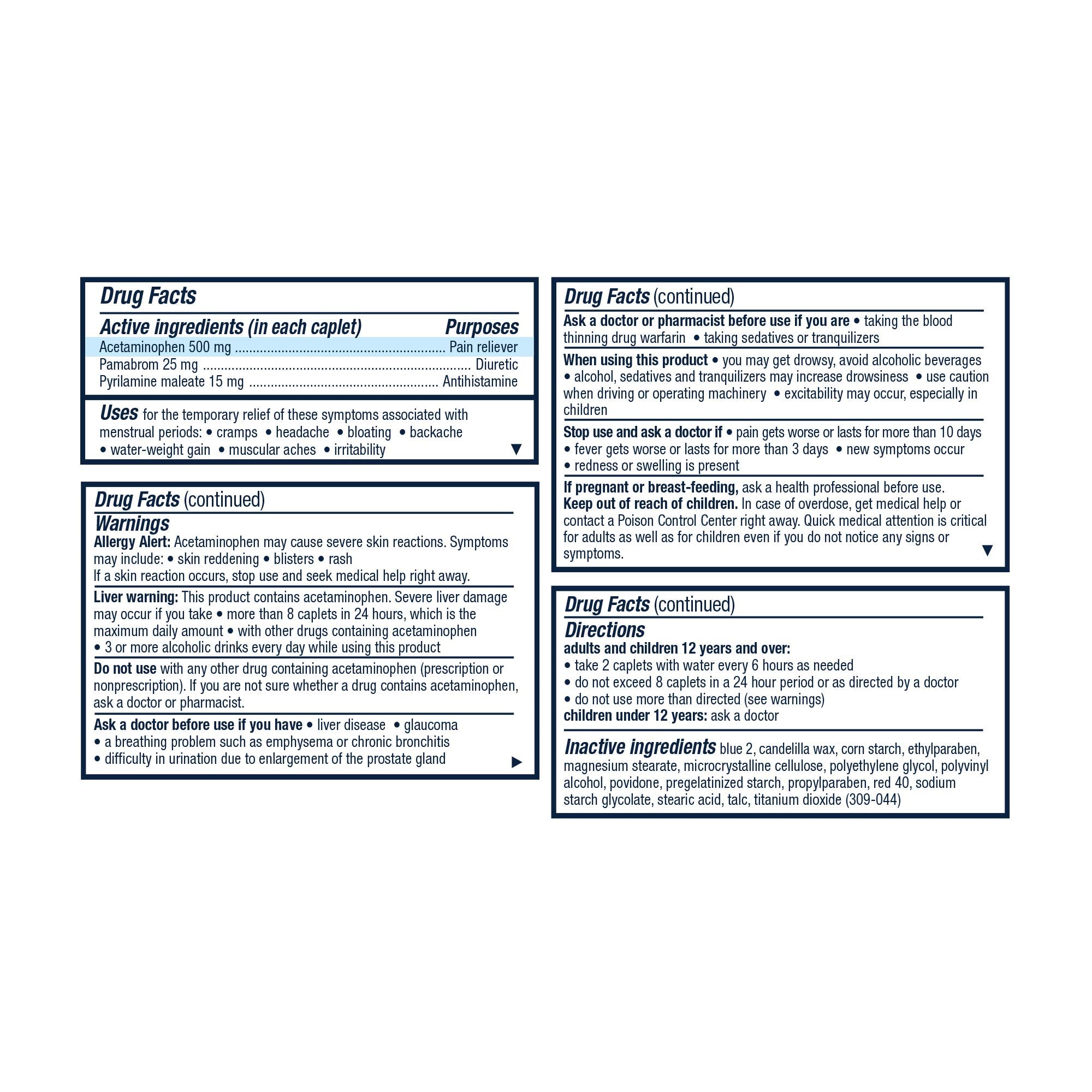 Pamprin caplets closeup showing active ingredients for relief.