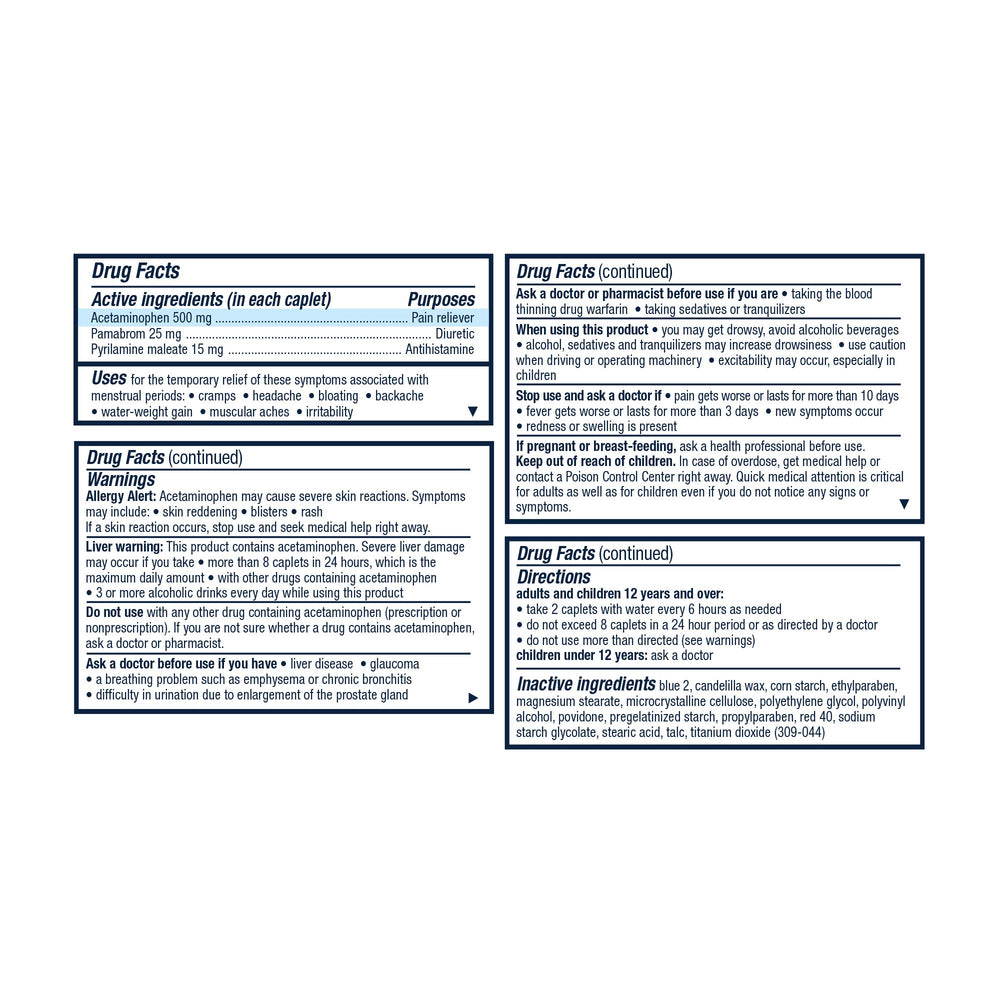 Pamprin caplets closeup showing active ingredients for relief.
