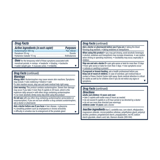 Pamprin caplets closeup showing active ingredients for relief.