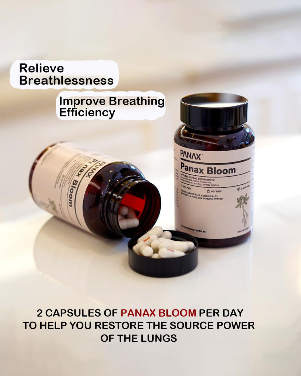 Panax Bloom Daily Breathing capsules for easy dosing and ongoing lung comfort.