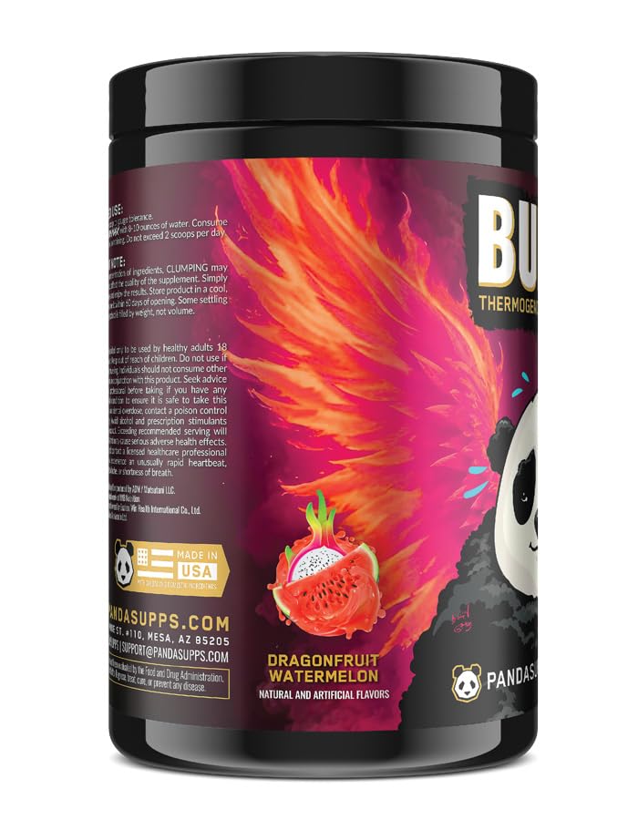 Panda BURN MAX ingredient label highlighting caffeine and focus benefits.