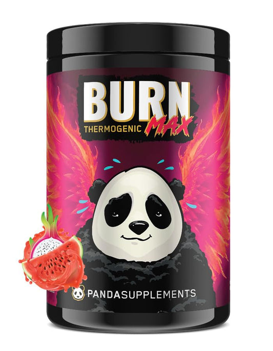 Panda BURN MAX tub close-up showing brand label for fat-burning support.
