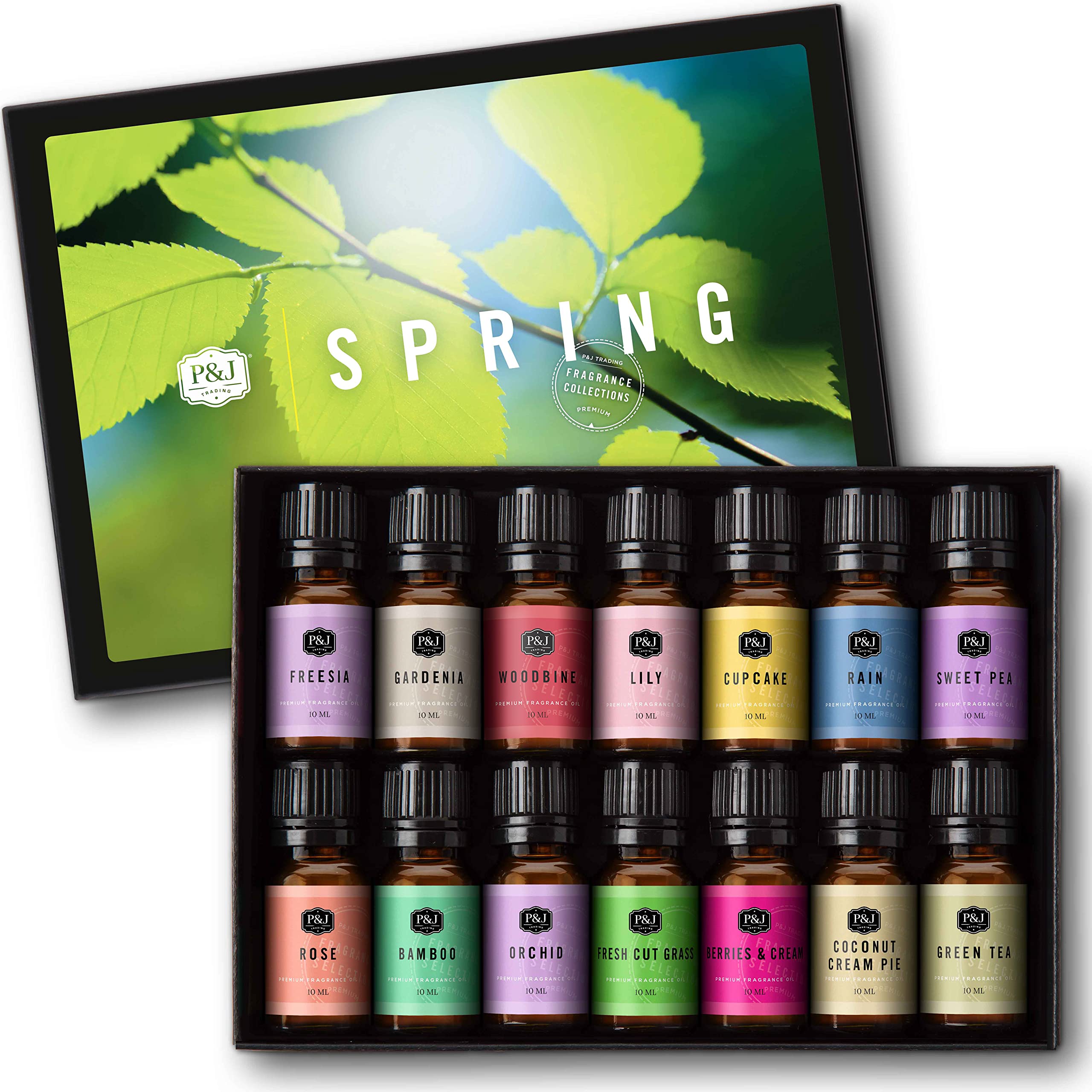 P&J Trading Spring 14-fragrance oils in 10ml bottles for versatile DIY projects.