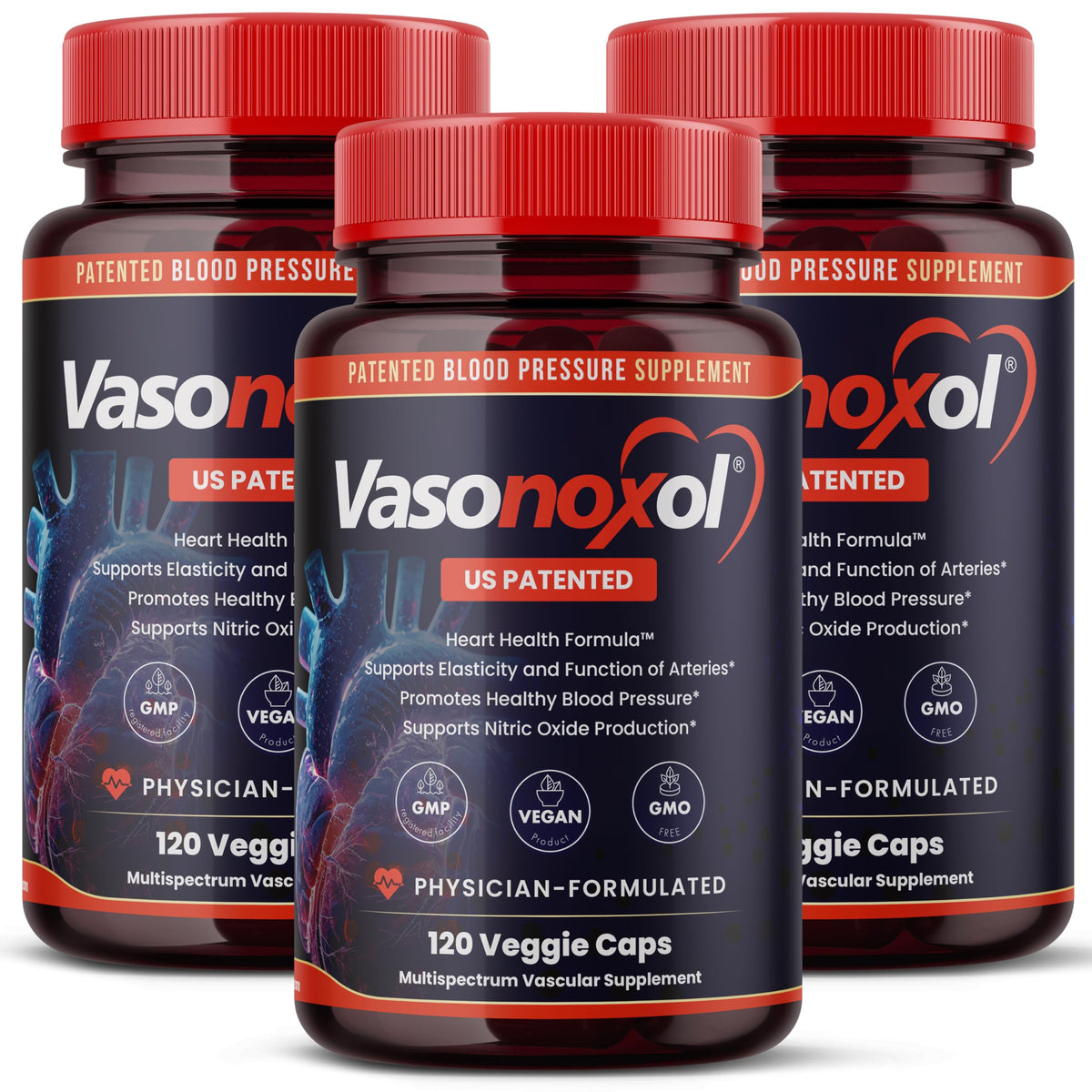 Panoxol Vasonoxol bottle front highlighting nitric oxide support for healthy blood flow.