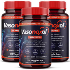 Panoxol Vasonoxol bottle front highlighting nitric oxide support for healthy blood flow.