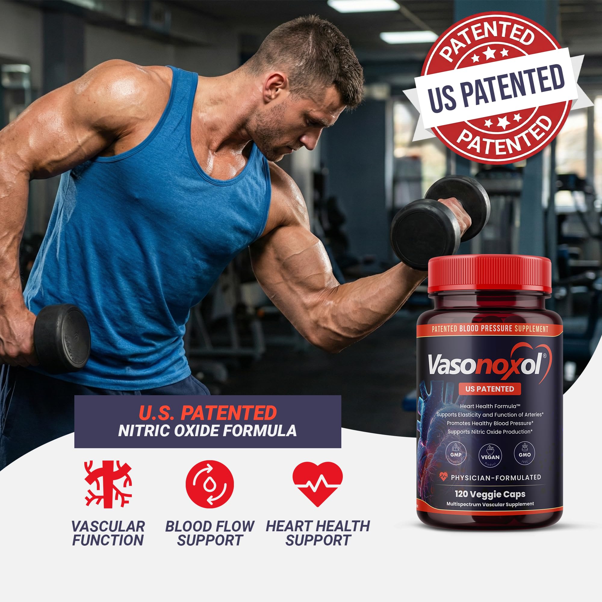 Panoxol Vasonoxol capsules close-up emphasizing vegan, non-GMO formula for daily use.