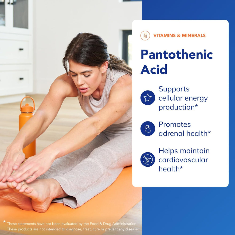 Pantothenic acid supplement label shows allergen-free formulation.