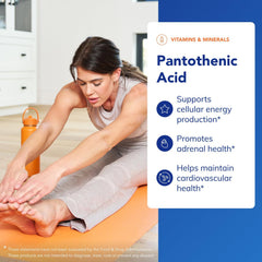 Pantothenic acid supplement label shows allergen-free formulation.