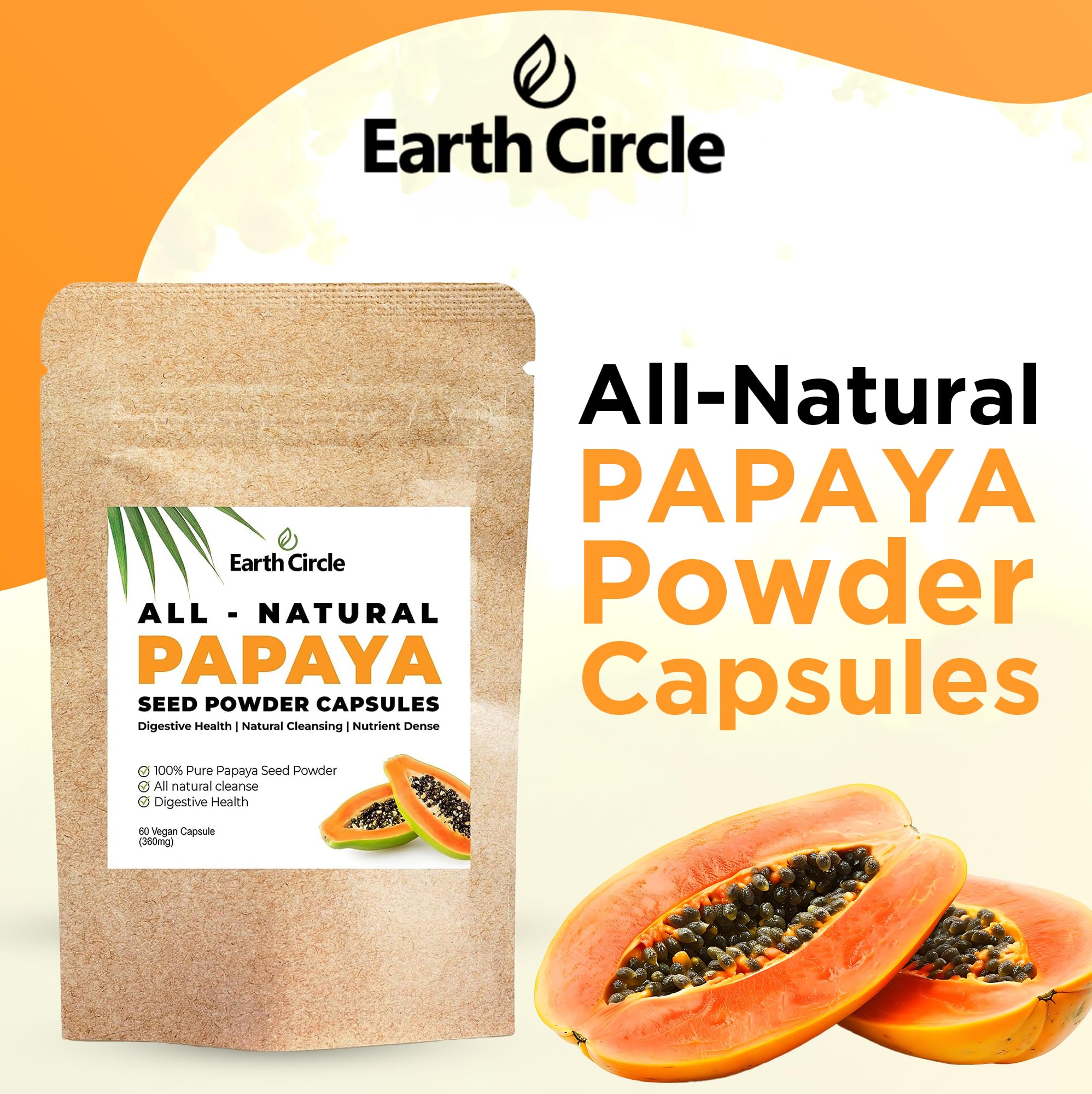 Earth Circle Organics papaya seed capsules ingredients panel highlights papain enzymes and vitamins