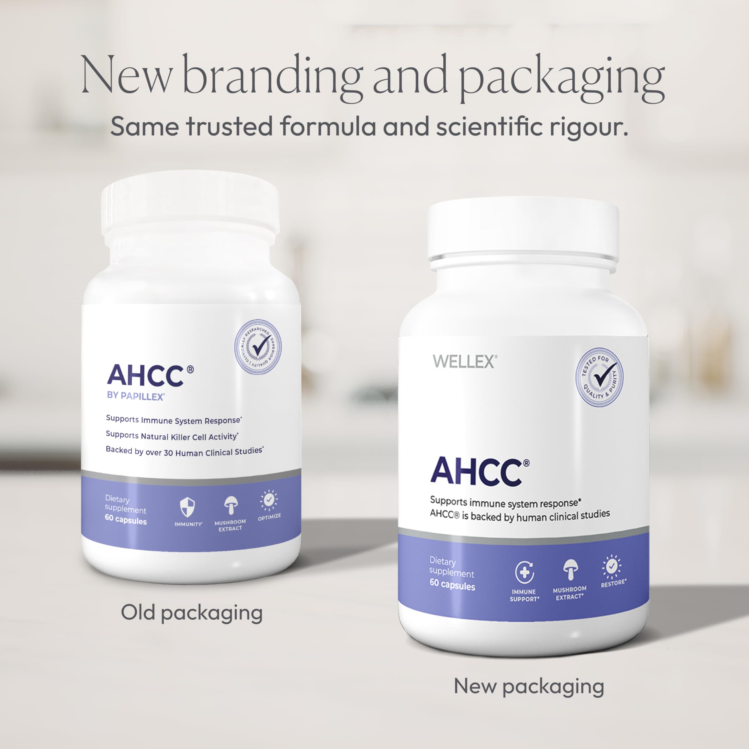 Papillex AHCC bottle side view, compact travel-friendly packaging.