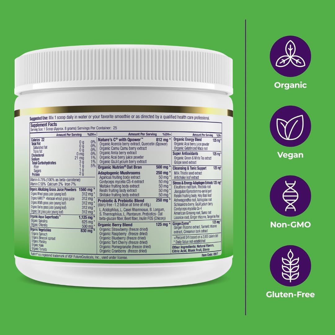 Paradise Herbs ORAC Energy Greens powder dissolving in liquid with apple color.