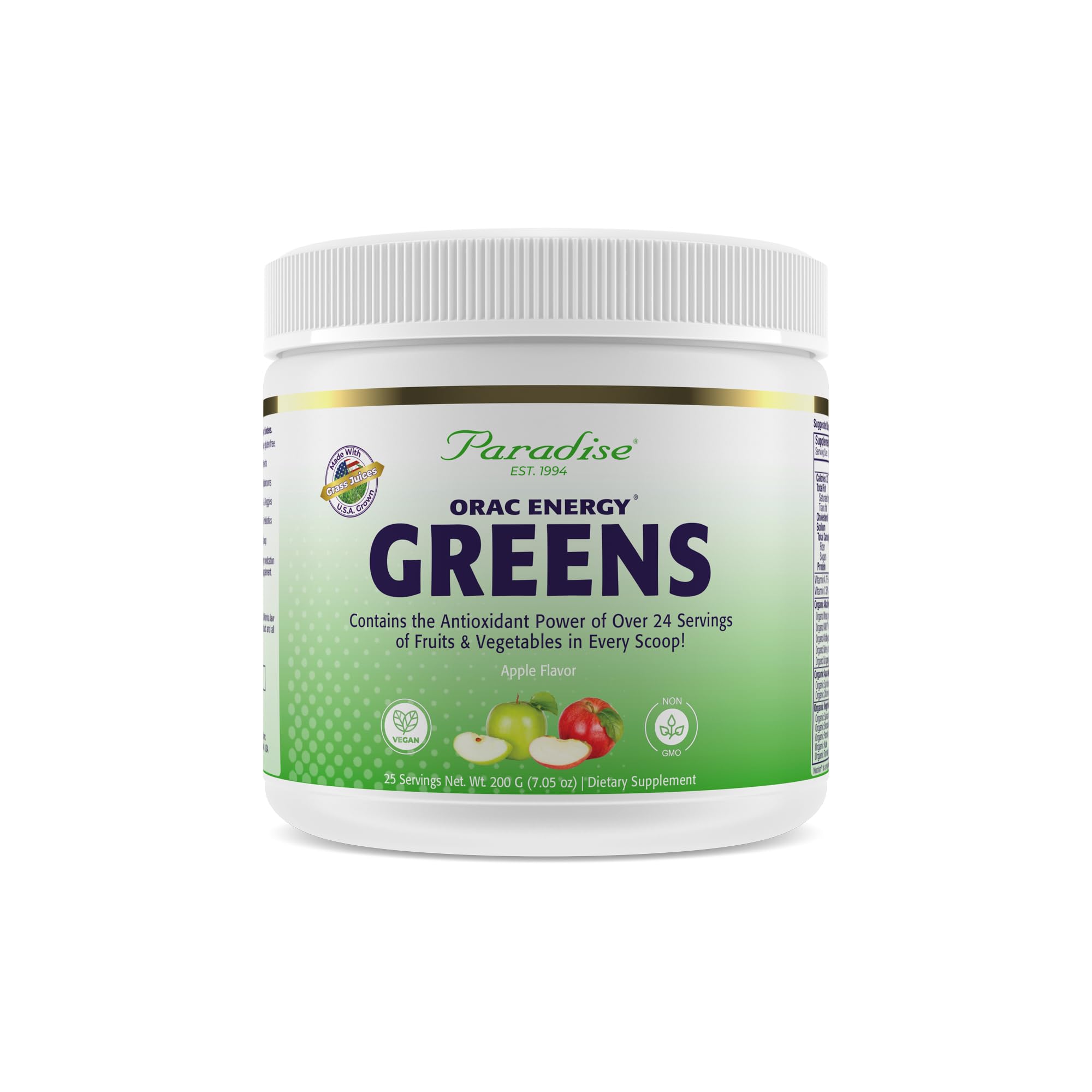 Paradise Herbs ORAC Energy Greens bottle close-up with apple flavor and antioxidant-rich formula.