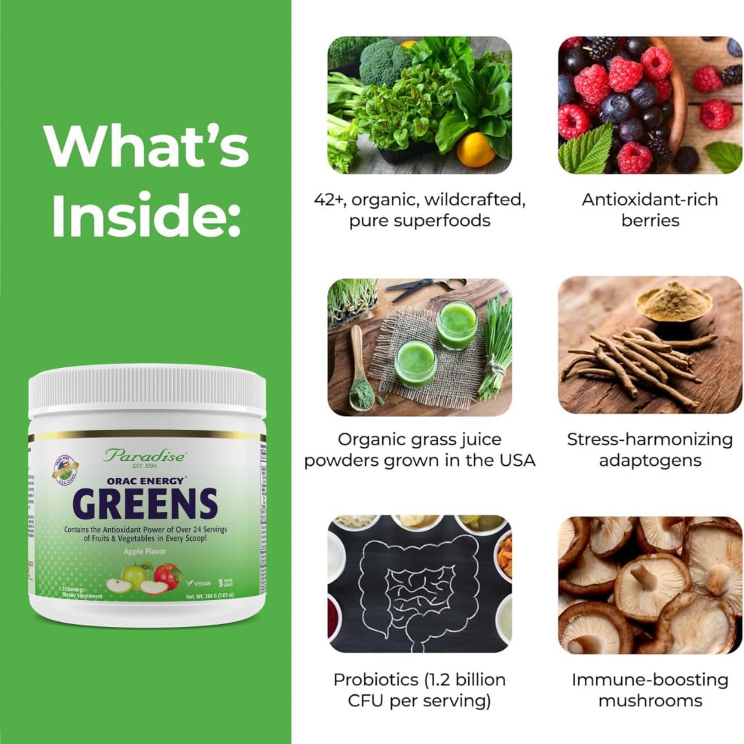 Glass of Paradise Herbs ORAC Energy Greens with bright apple-colored beverage.