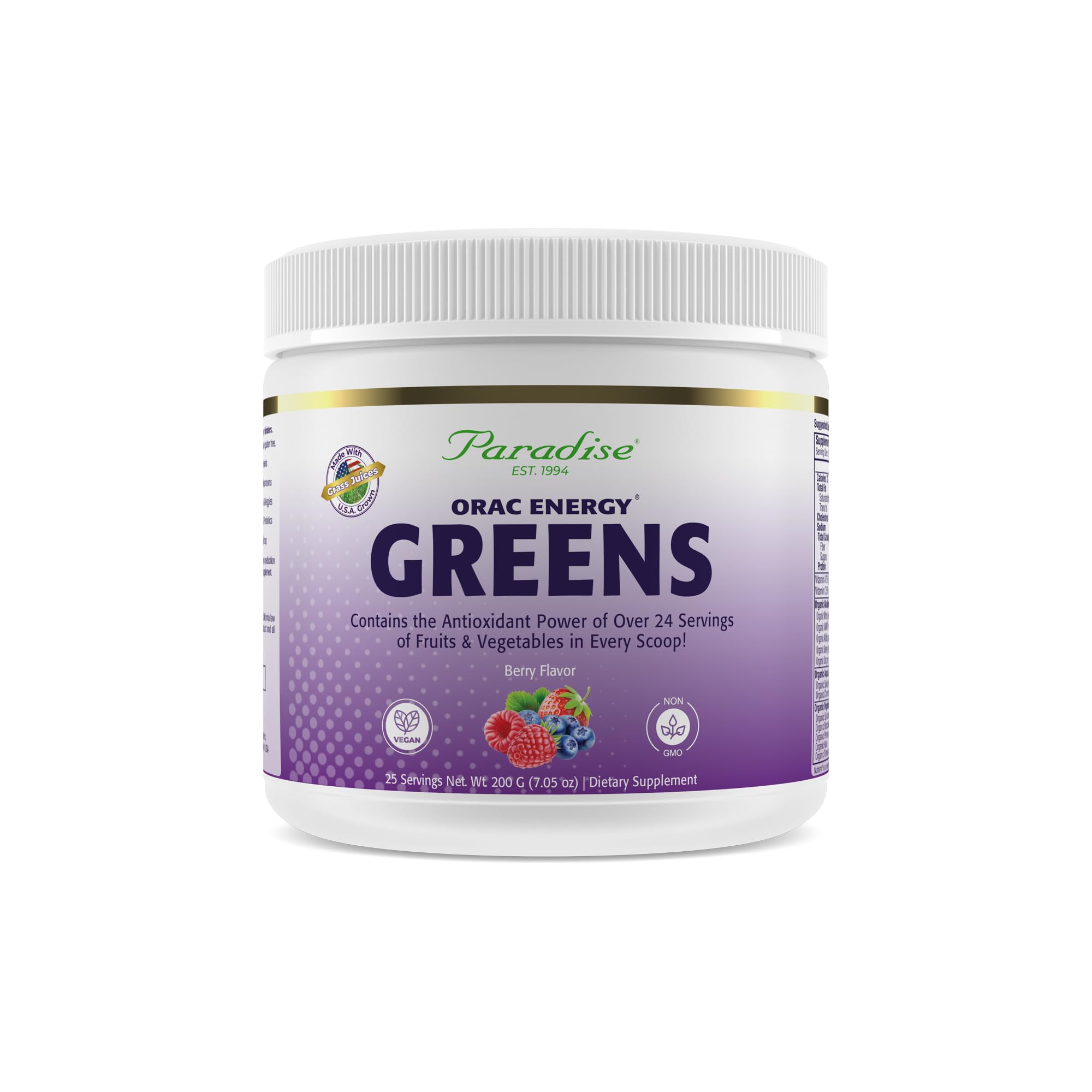 Paradise Herbs ORAC Energy Greens bottle showing berry powder for antioxidant support