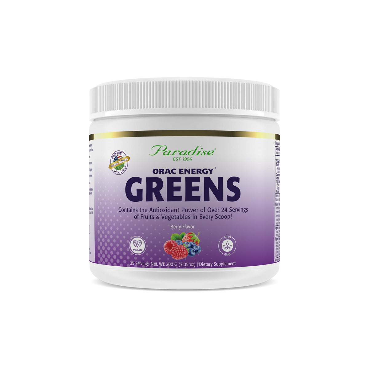 Paradise Herbs ORAC Energy Greens bottle showing berry powder for antioxidant support