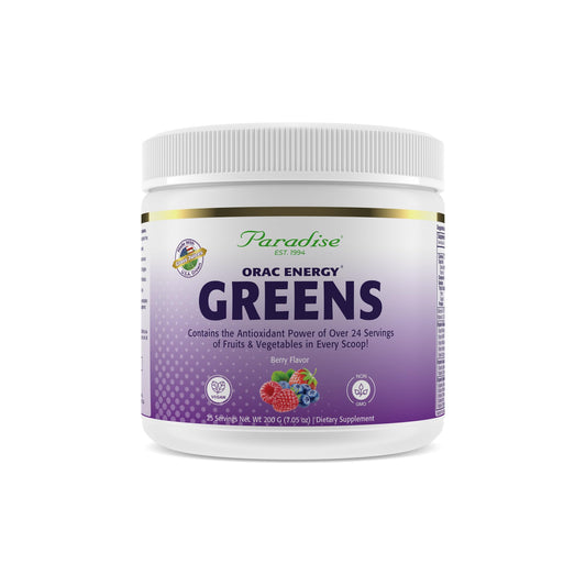 Paradise Herbs ORAC Energy Greens bottle showing berry powder for antioxidant support