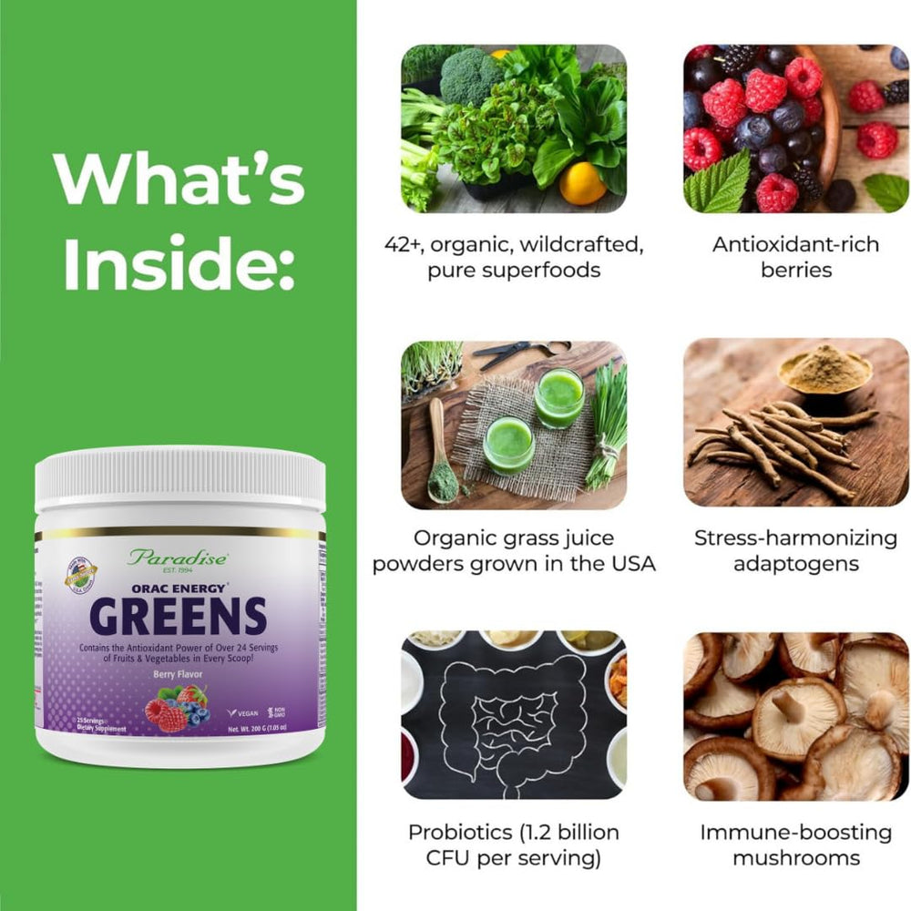 Paradise Herbs ORAC Energy Greens glass with mix highlights organic greens and probiotics