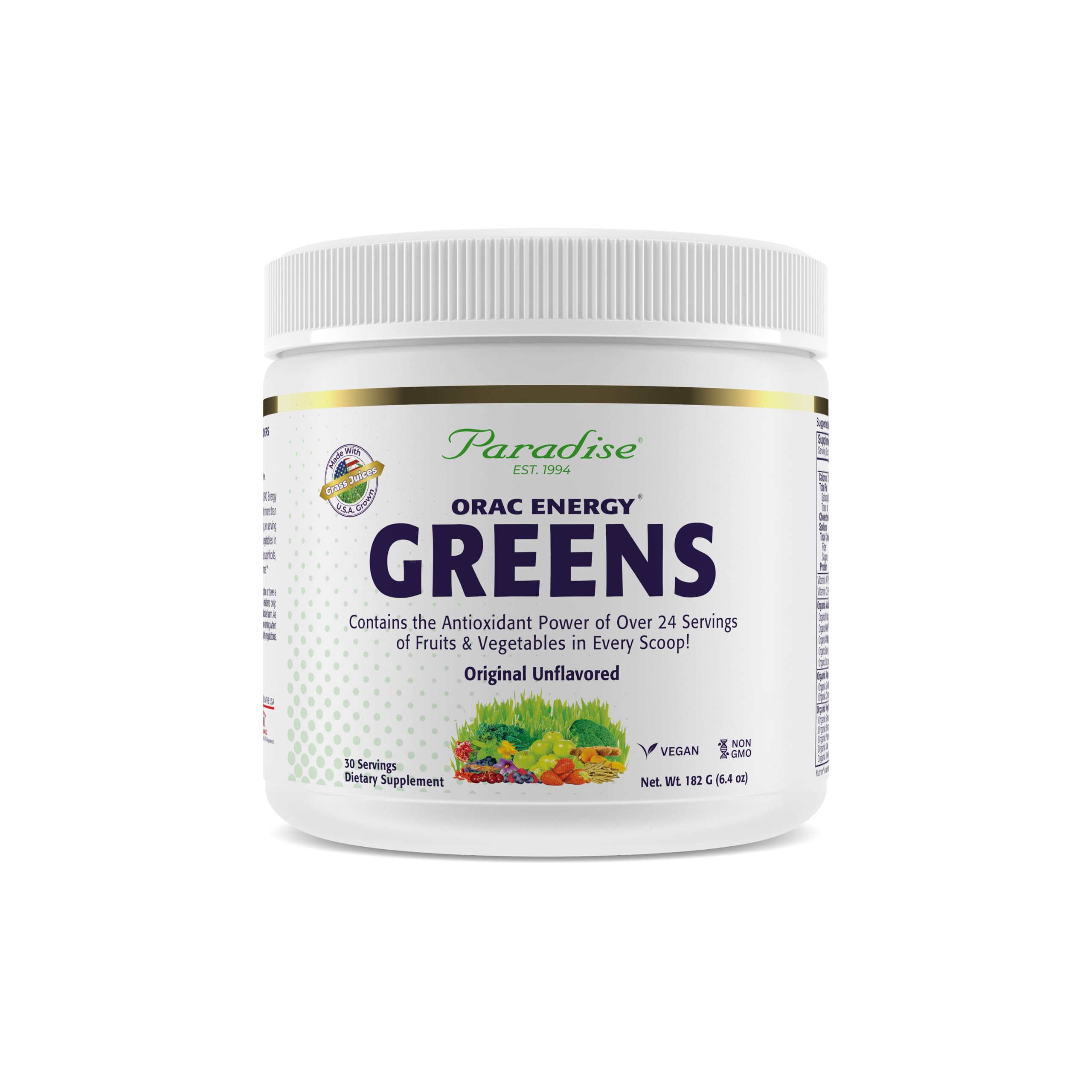 Paradise Herbs ORAC Energy Greens bottle highlighting antioxidant blend for daily wellness