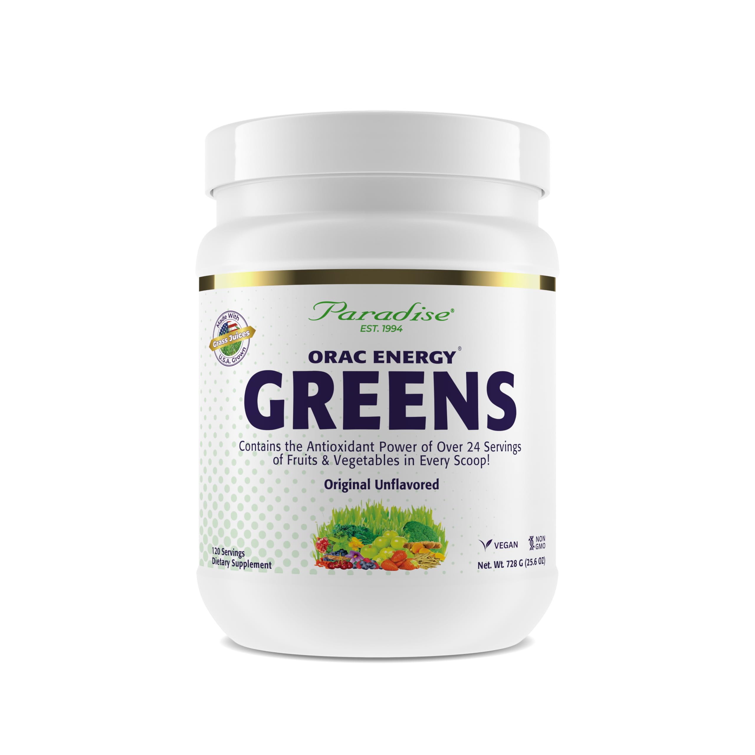 Paradise Herbs ORAC Energy Greens front pack showing a vibrant, antioxidant-rich daily greens routine