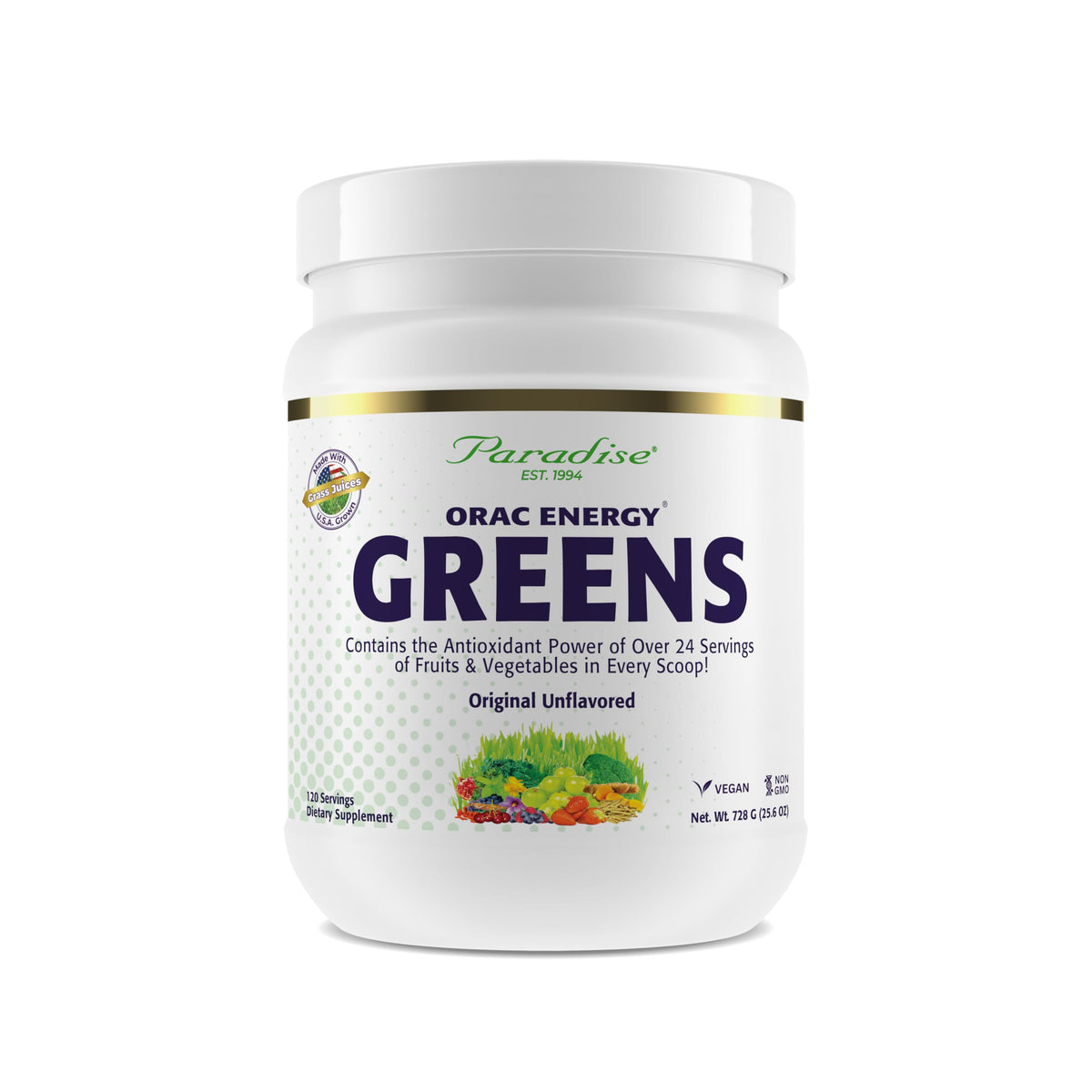 Paradise Herbs ORAC Energy Greens front pack showing a vibrant, antioxidant-rich daily greens routine