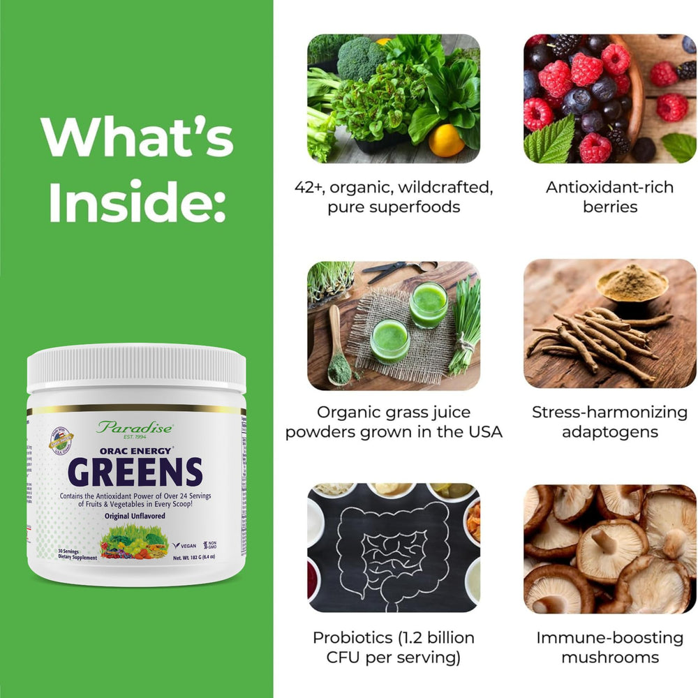Paradise Herbs ORAC Energy Greens blend includes spirulina and chlorella for lush nutrition