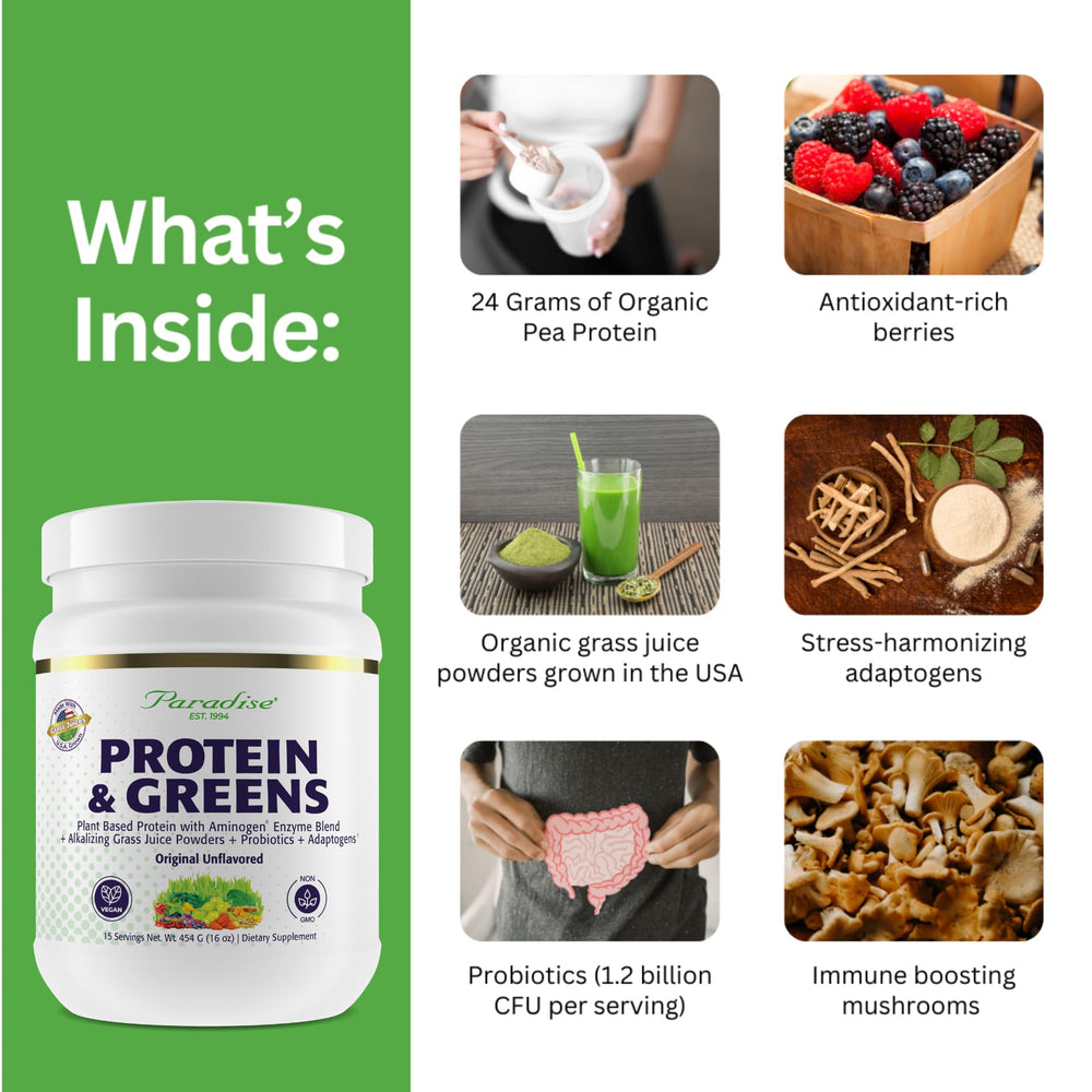 Paradise Herbs ORAC Energy Protein & Greens scoop ready for quick shake.