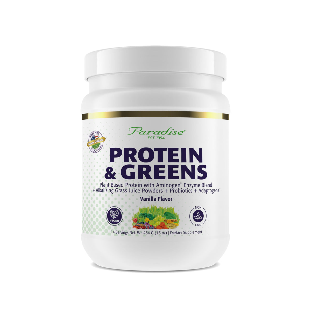 Paradise Herbs ORAC Energy Proteins & Greens vanilla serving; antioxidant and protein boost.