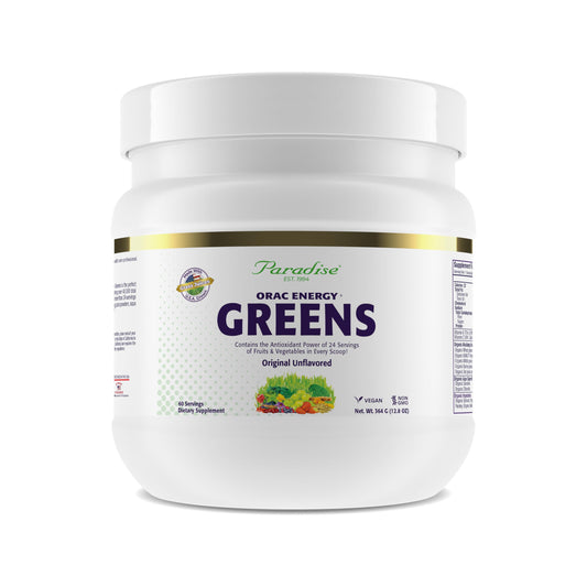Paradise ORAC Energy Greens powder bottle closeup showing antioxidant-rich formula for daily vitality.