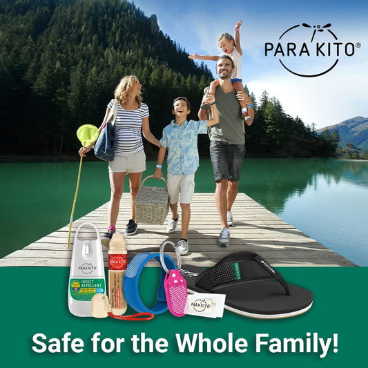 PARA'KITO turquoise wristband worn during hiking for lightweight insect protection.