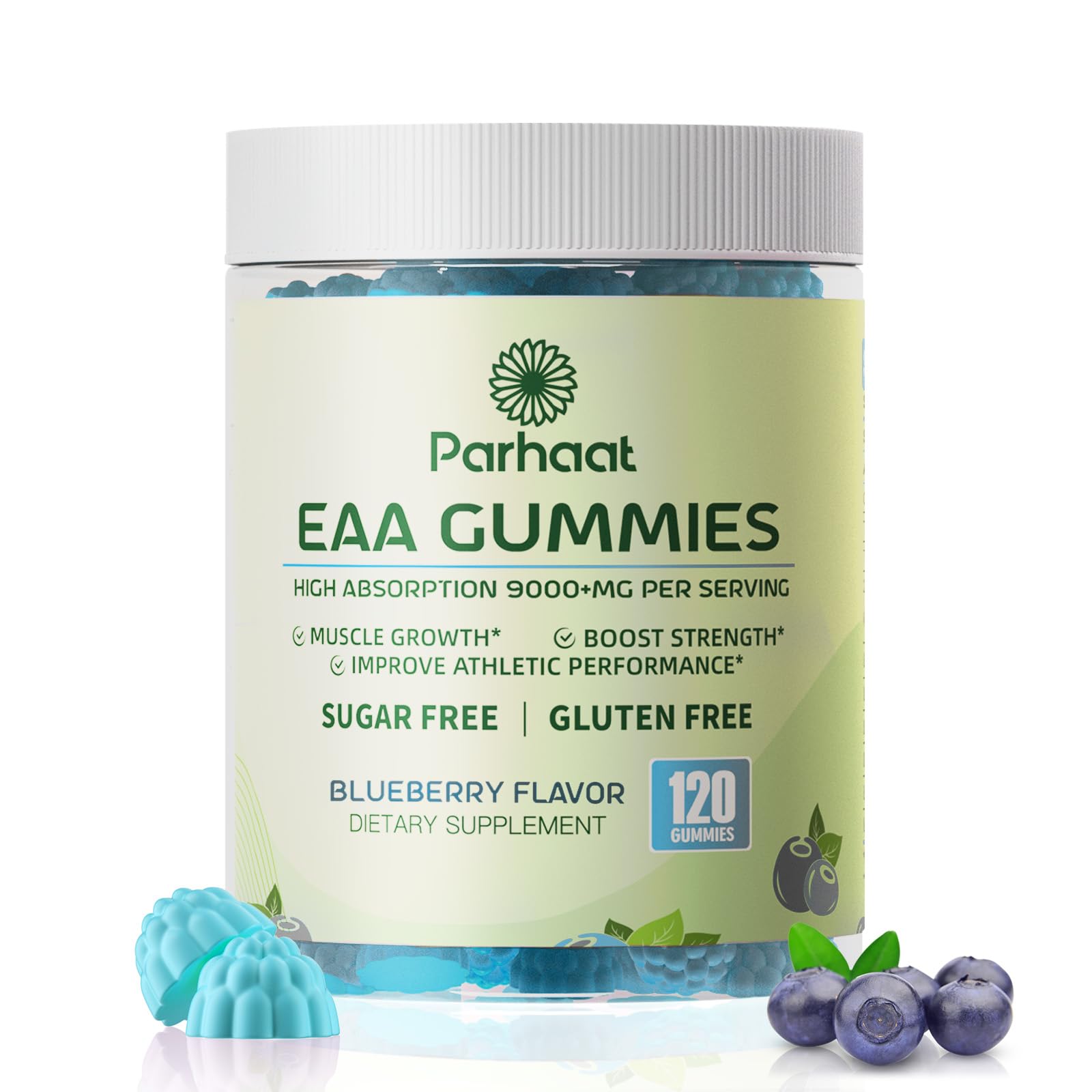 Parhaat EAA Gummies blueberry bottle showing complete amino acids profile