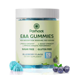 Parhaat EAA Gummies blueberry bottle showing complete amino acids profile