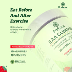 Parhaat EAA Gummies gluten-free seal on packaging.