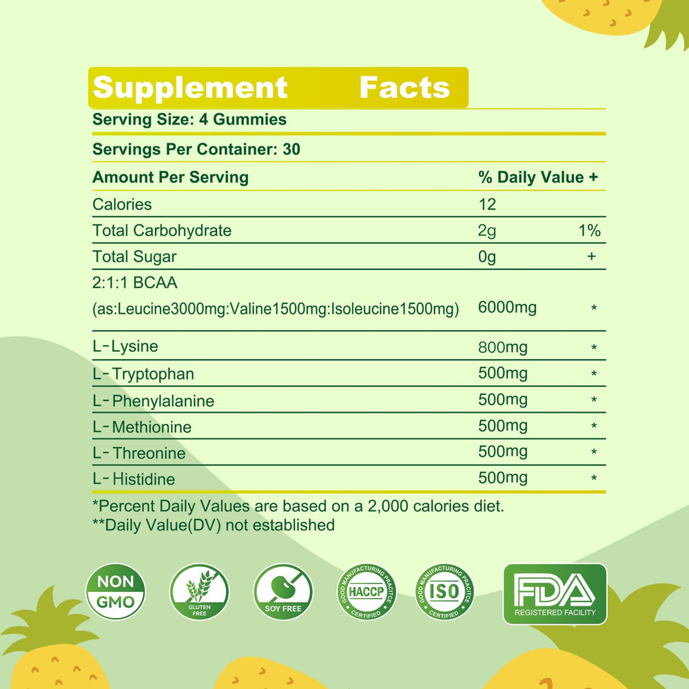 Parhaat EAA Gummies Pineapple label close-up for essential amino acids.