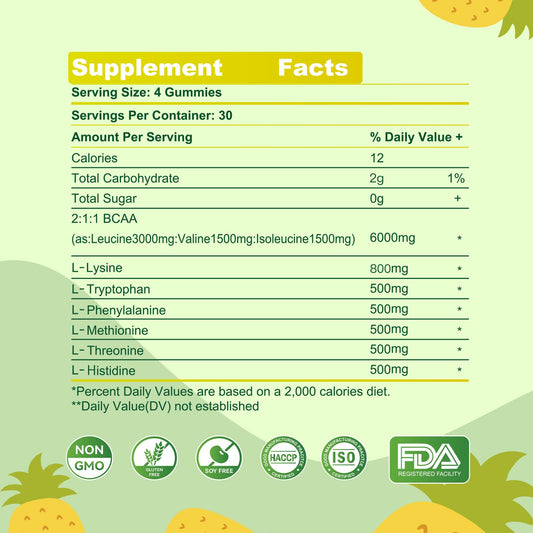 Parhaat EAA Gummies Pineapple label close-up for essential amino acids.