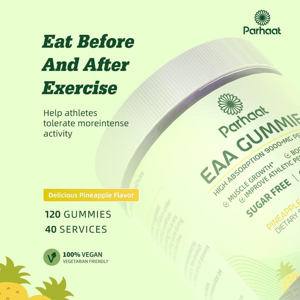 Parhaat EAA Gummies nutrition panel emphasizes complete amino acid profile.