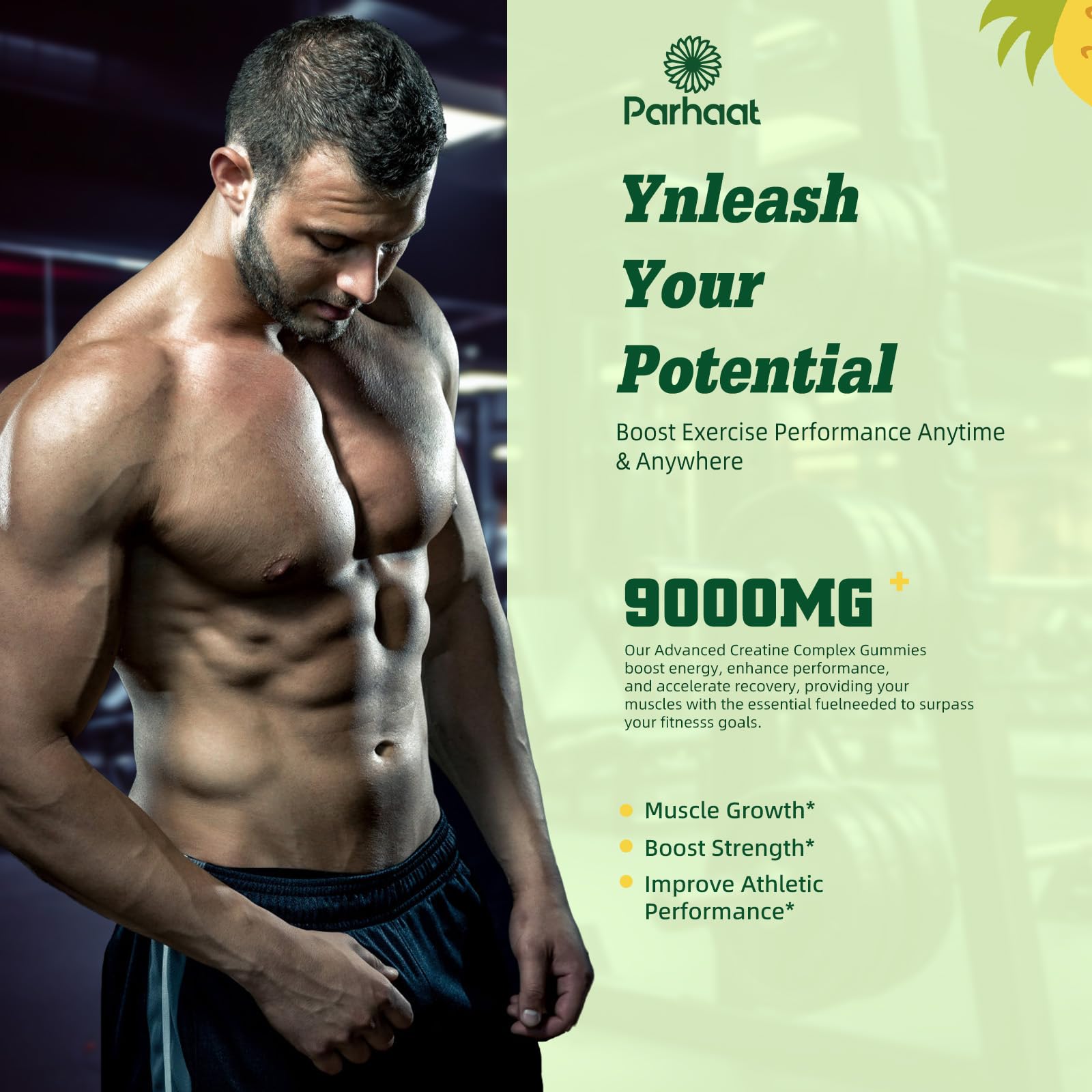 Parhaat EAA Gummies packaging shot highlights non-GMO and gluten-free benefits.