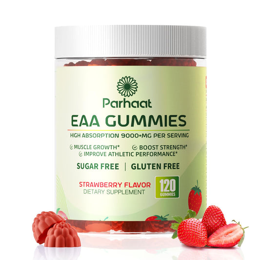 Parhaat EAA Gummies strawberry bottle front view for daily energy support.