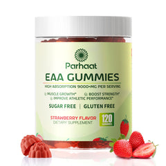 Parhaat EAA Gummies strawberry bottle front view for daily energy support.