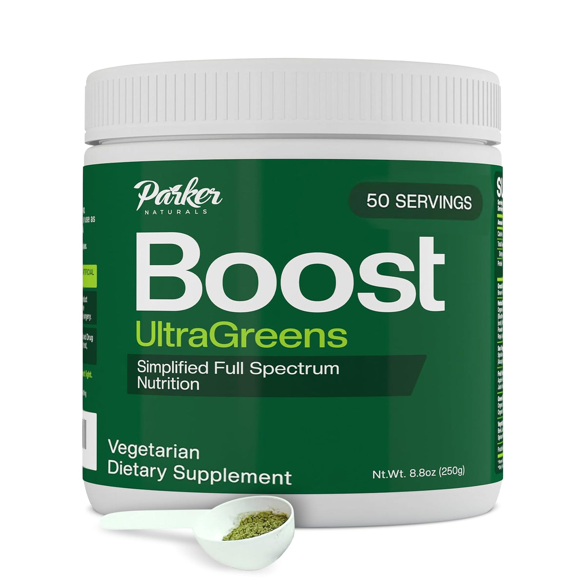 Parker Naturals Boost UltraGreens bottle front highlights the organic greens blend for daily vitality
