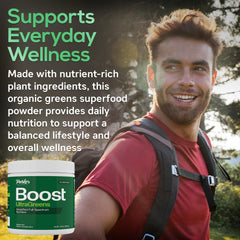 Parker Naturals Boost UltraGreens powder scoop indicates convenient, measured servings for quick daily nutrition