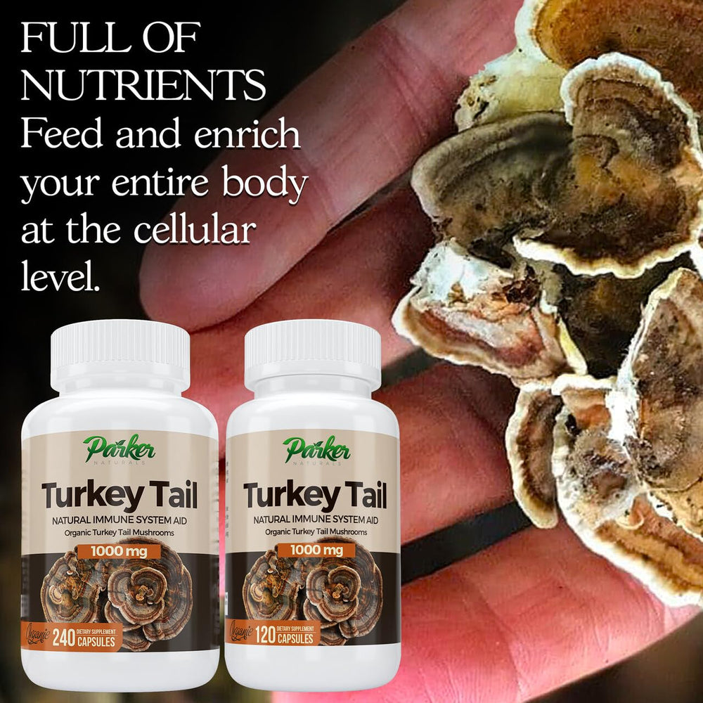 Parker Naturals Turkey Tail bottle on display highlighting organic ingredients.