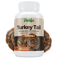 Parker Naturals Turkey Tail bottle label closeup for daily wellness.