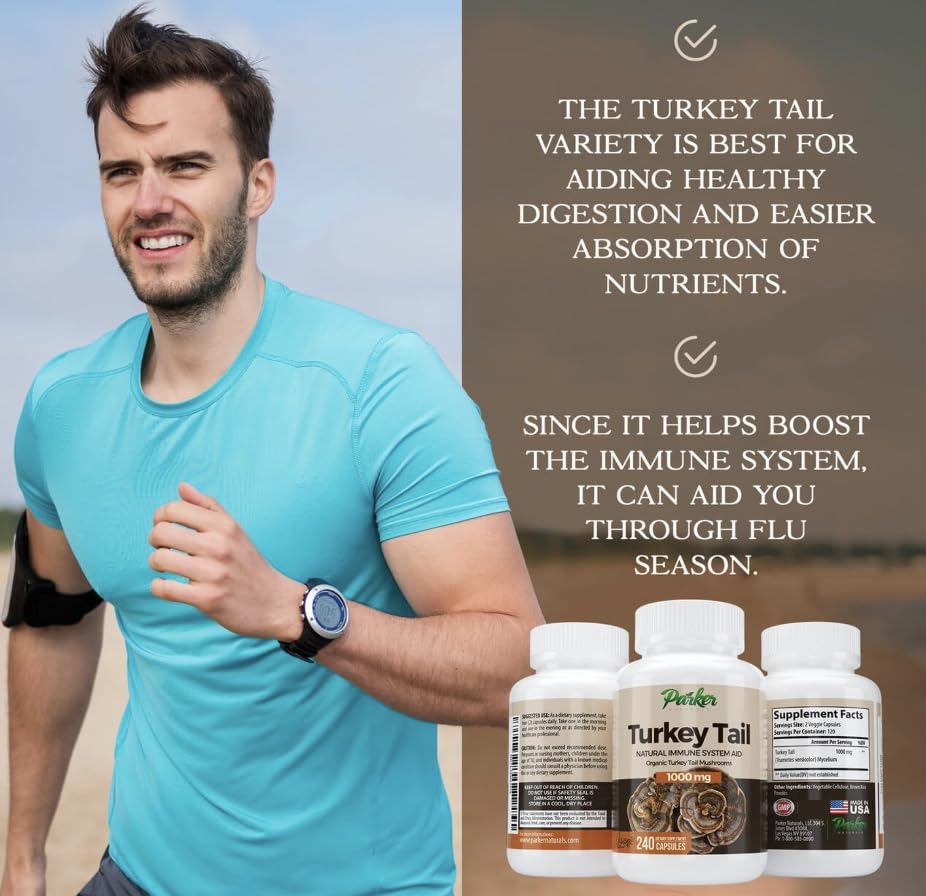 Parker Naturals Turkey Tail capsules closeup showing premium organic mushroom supplement.
